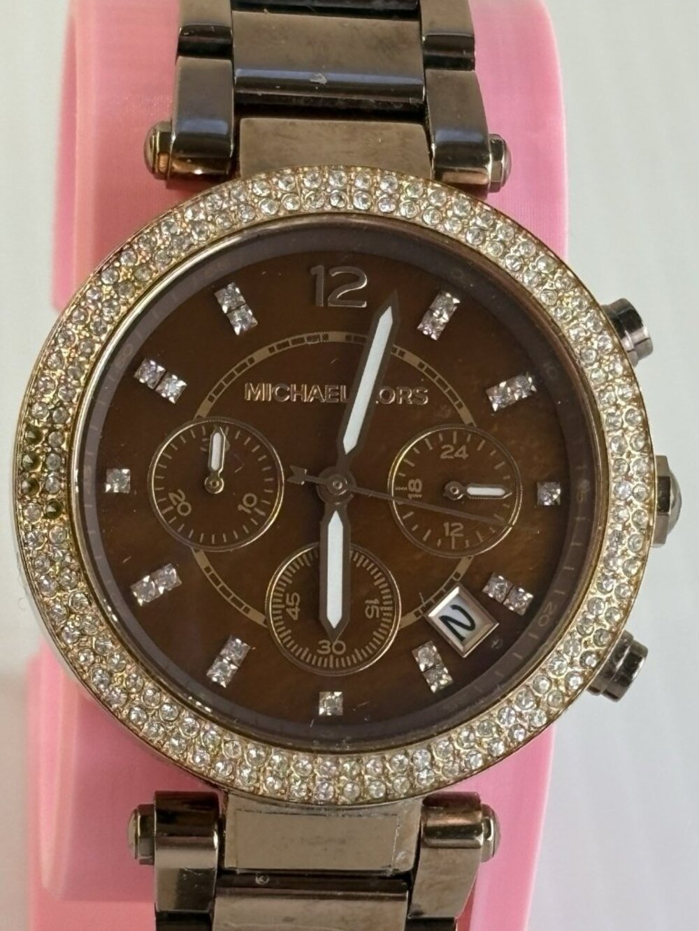 Michael Kors Parker MK-5578 Women's Watch Brown AS IS 4 Stones Missing